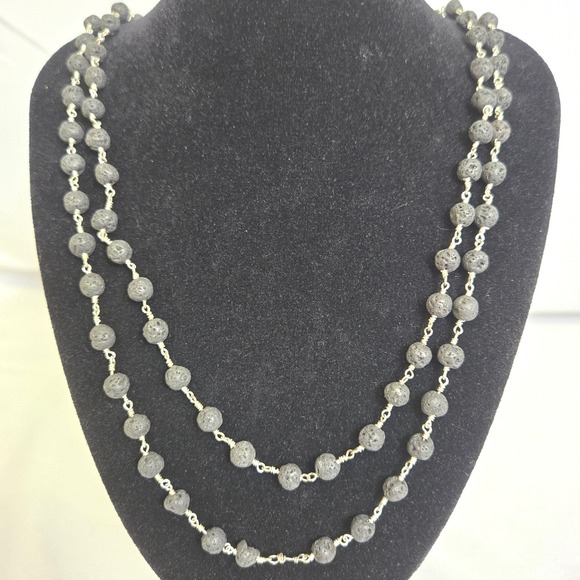Jewelry - Gray Lava Bead Single Strand Necklace, Silver Tone 19.5" Chain